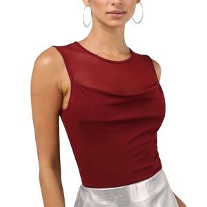 Adrienne Vittadini Burgundy High Neck Mesh Panel Draped Sleeveless Top
